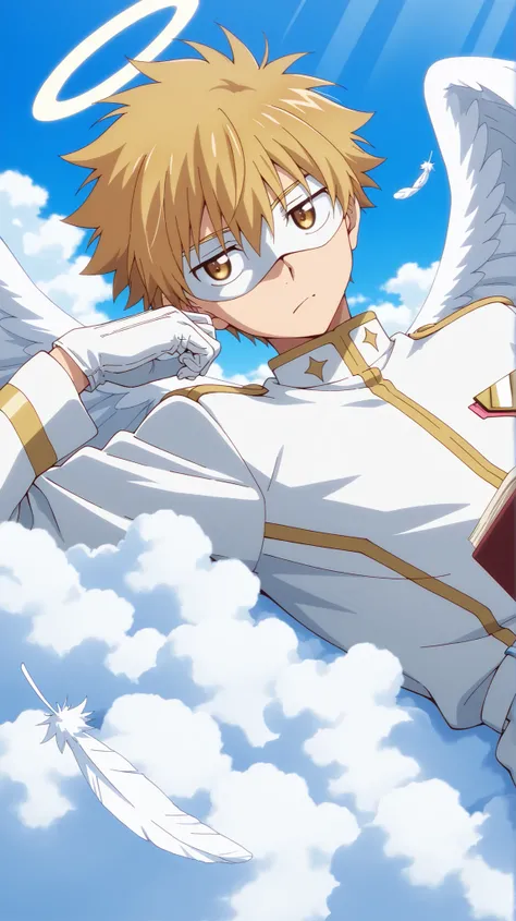 White hero masked men anime,white hero mask,white domino blank mask, solo,white angel uniform,white belt,glove,angel,1boy,male focus,big white angel wing,angel halo,golden eyes,day sky clouds heaven background,inuzuka shuu, blonde,male focus,playful,white ...