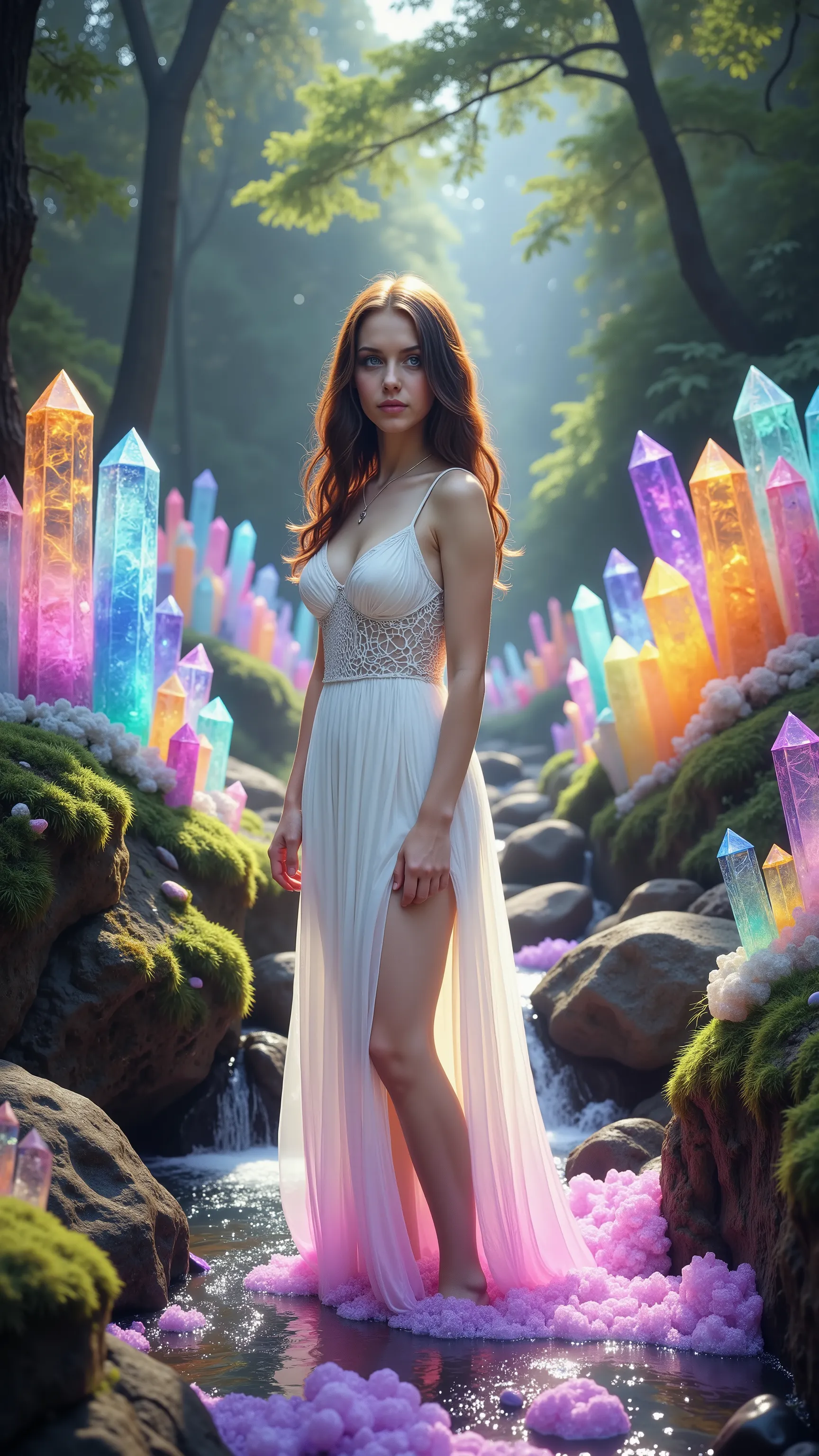 1girl, gorgeous European face, sparkling/glowing blue eyes, long eyelashes, long white dress, very large breasts, looking at viewer, small crucifix necklace. Hundreds of different colored quartz crystals 6 to 9 feet tall, Many hundreds of extremely large((...