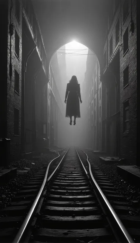 1925 Dramatic shot of the train track, track in which the ghostly and sinister figure in the distance of a dark woman, Faceless is floating on the, Cinematic, surreal style, with a dreamlike atmosphere. 