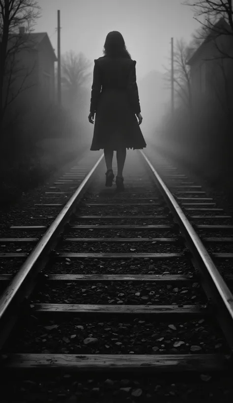 1925 Dramatic shot of the train track, track in which the ghostly and sinister figure in the distance of a dark woman, Faceless is floating on the, Cinematic, surreal style, with a dreamlike atmosphere. 