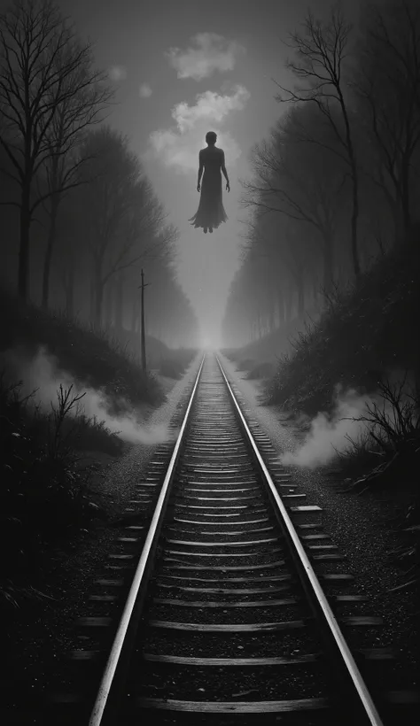 1925 Dramatic shot of the train track, track in which the ghostly and sinister figure in the distance of a dark woman, Faceless is floating on the, Cinematic, surreal style, with a dreamlike atmosphere. 