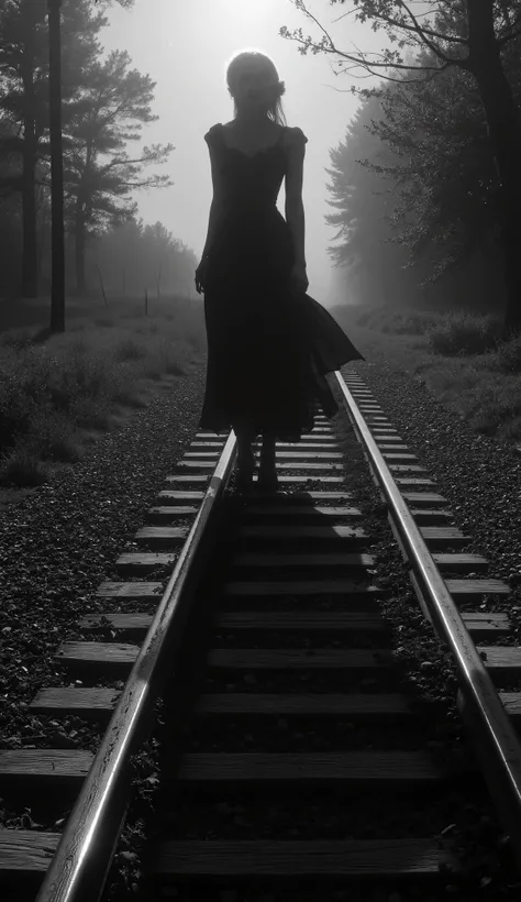 1925 Dramatic shot of the train track, track in which the ghostly and sinister figure in the distance of a dark woman, Faceless is floating on the, Cinematic, surreal style, with a dreamlike atmosphere. 