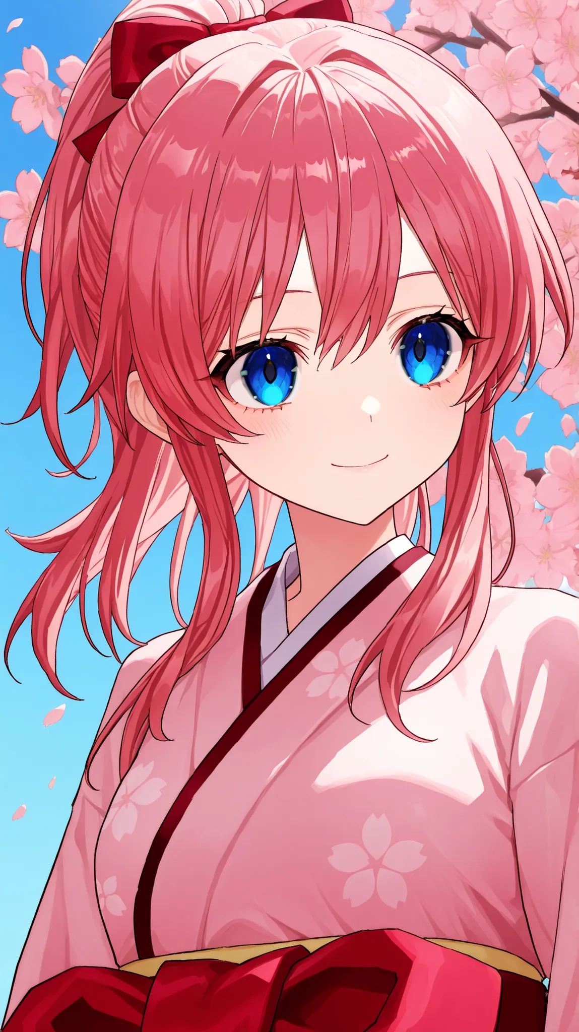 1 person、young and beautiful Japanese woman、semi-long hair、cherry blossoms、pale pink kimono、Dark pink hair、Look,Small breasts,blue eyes,charming smile, ponytail、red ribbon、blue sky、anime、Baby Face、Short