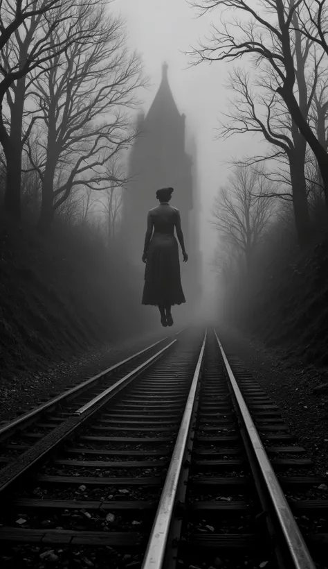 1925 Dramatic shot of the train track, track in which the ghostly and sinister figure in the distance of a dark woman, Faceless is floating on the, Cinematic, surreal style, with a dreamlike atmosphere. 