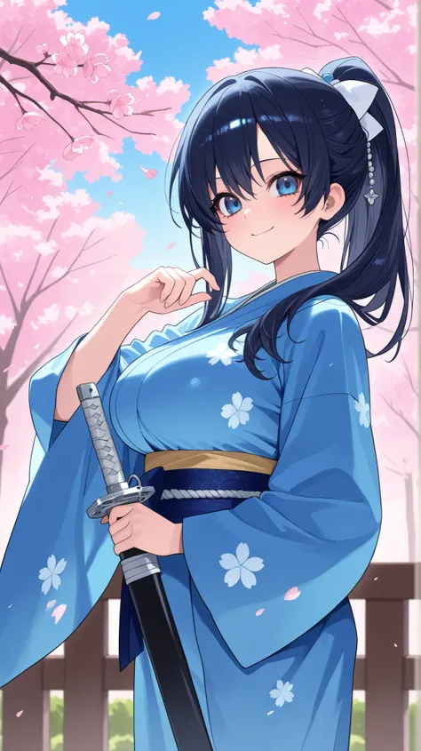 young and beautiful Japanese woman、long hair、cherry blossoms、 blue kimono、dark dark blue hair、Split horizontally to the right、Look,Big Breasts,blue eyes,charming smile, ponytail、 long Japanese sword (silver blade)、White barrette、blue sky、anime、Wrapped in a...