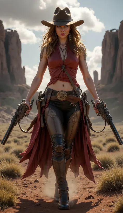 Colt Single Action, a wild west cowboy woman shooting with two Colt Single Action revolver guns in his hands