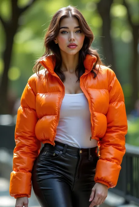 Foto hiperrealista en primer plano de woman, masterpiece, best quality, (photorealistic:1.4), (shiny orange cropped PUFFER JACKET over white tank top:1.1), (leather jeans:1.2) heels, in the New York Central Park, sunny day, cinematic light, beautiful woma...