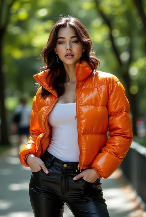 Foto hiperrealista en primer plano de woman, masterpiece, best quality, (photorealistic:1.4), (shiny orange cropped PUFFER JACKET over white tank top:1.1), (leather jeans:1.2) heels, in the New York Central Park, sunny day, cinematic light, beautiful woma...