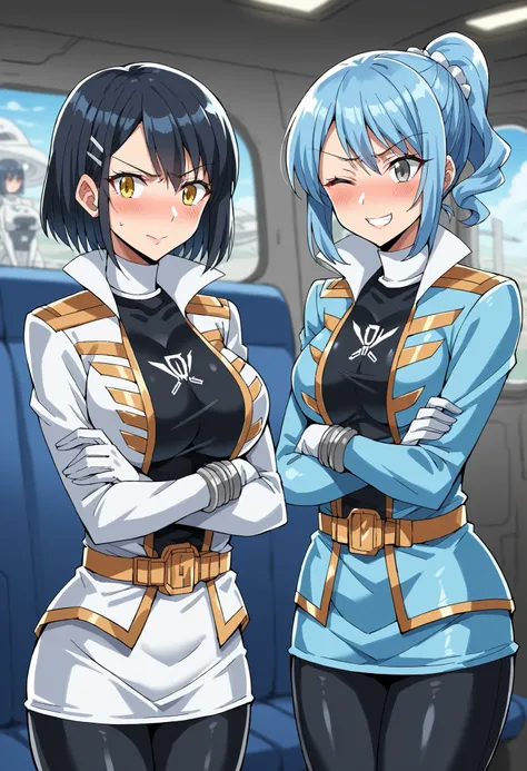 2girls, spacecraft interior, 1girl, black bodysuit, bodysuit under clothes, white collar, white gloves, light blue jacket, light blue skirt, belt, bracelet, small breasts, blue hair, yellow eyes, curly hair, ponytail, smile, wink, v, blush, rimuru tempest....