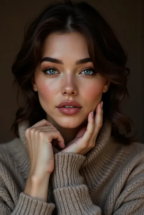 portrait of woman, aran sweater, detailed hands