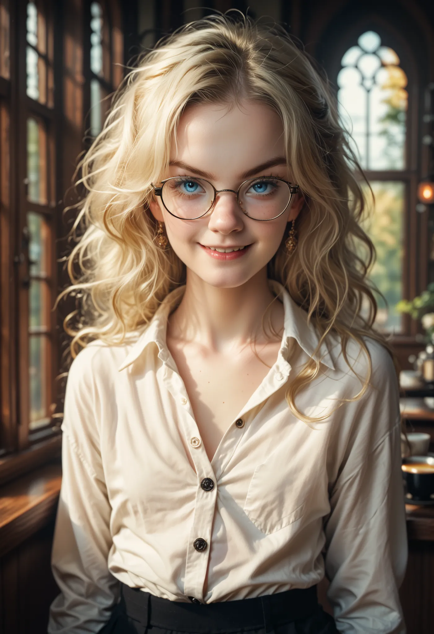 high resolution, ultradetailed, high detailed picture, solo:1.2, dynamic pose, dynamic angle, smug, seductive, moody lighting, intricate details, cinematic composition, melancholic expression, Luna Lovegood [Harry Potter]), blonde hair, blue eyes, glasses,...