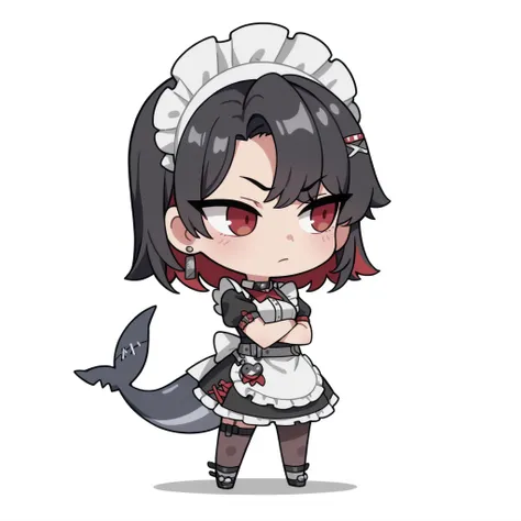 1 girl,Ellen Joe ( Zenless Zone Zero ), A girl, black hair, red on the back of the hair, hair clip, red eyes, shark tail, maid outfit, solo, cute,arms crossed, one eyebrow raised, seriously, high quality, masterpiece, Very detailed, high quality, high re...