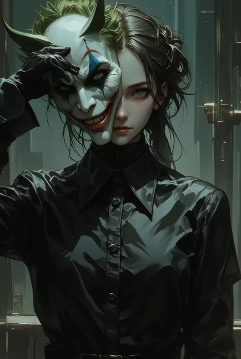 a woman holding an joker mask in front of her face