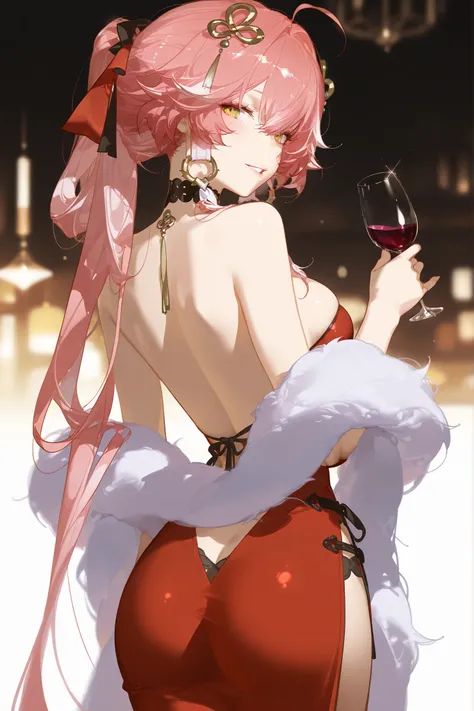 masterpiece, best quality, good quality, very awa, very aesthetic, absurdres, newest,
Changli\(wuthering waves\),1girl, solo, breasts, pink hair, dress, cup, long hair, holding, feather boa, looking at viewer, red dress, hair ornament, drinking glass, hold...