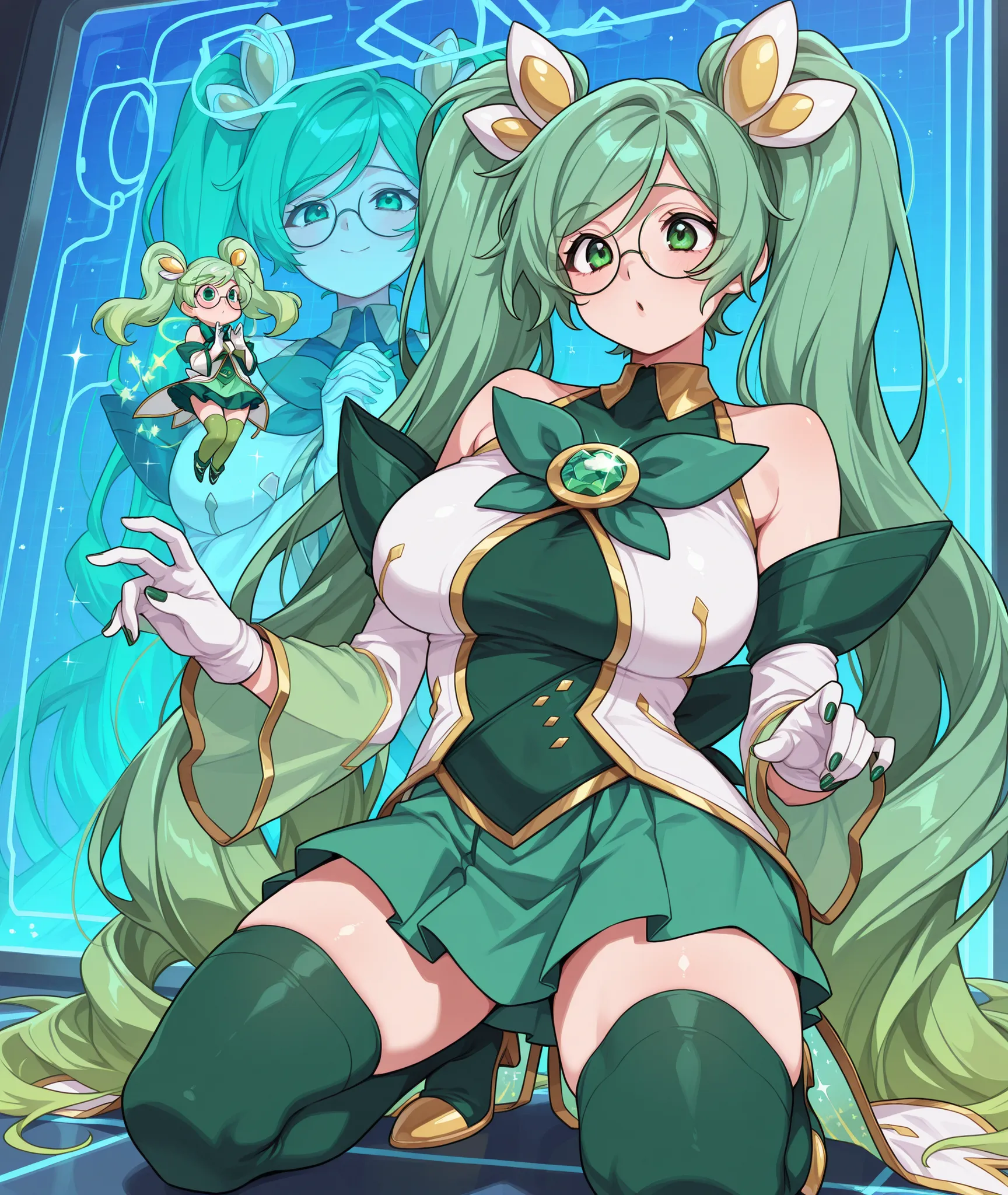 score_9, score_8_up, score_7_up, score_6_up, BREAK, 1girl,green hair,long hair,glasses,green eyes,twintails,bare shoulders,breasts,large breasts,round eyewear,sona_star,bangs,gloves,hair ornament,detached sleeves,skirt,very long hair,white gloves,green ski...