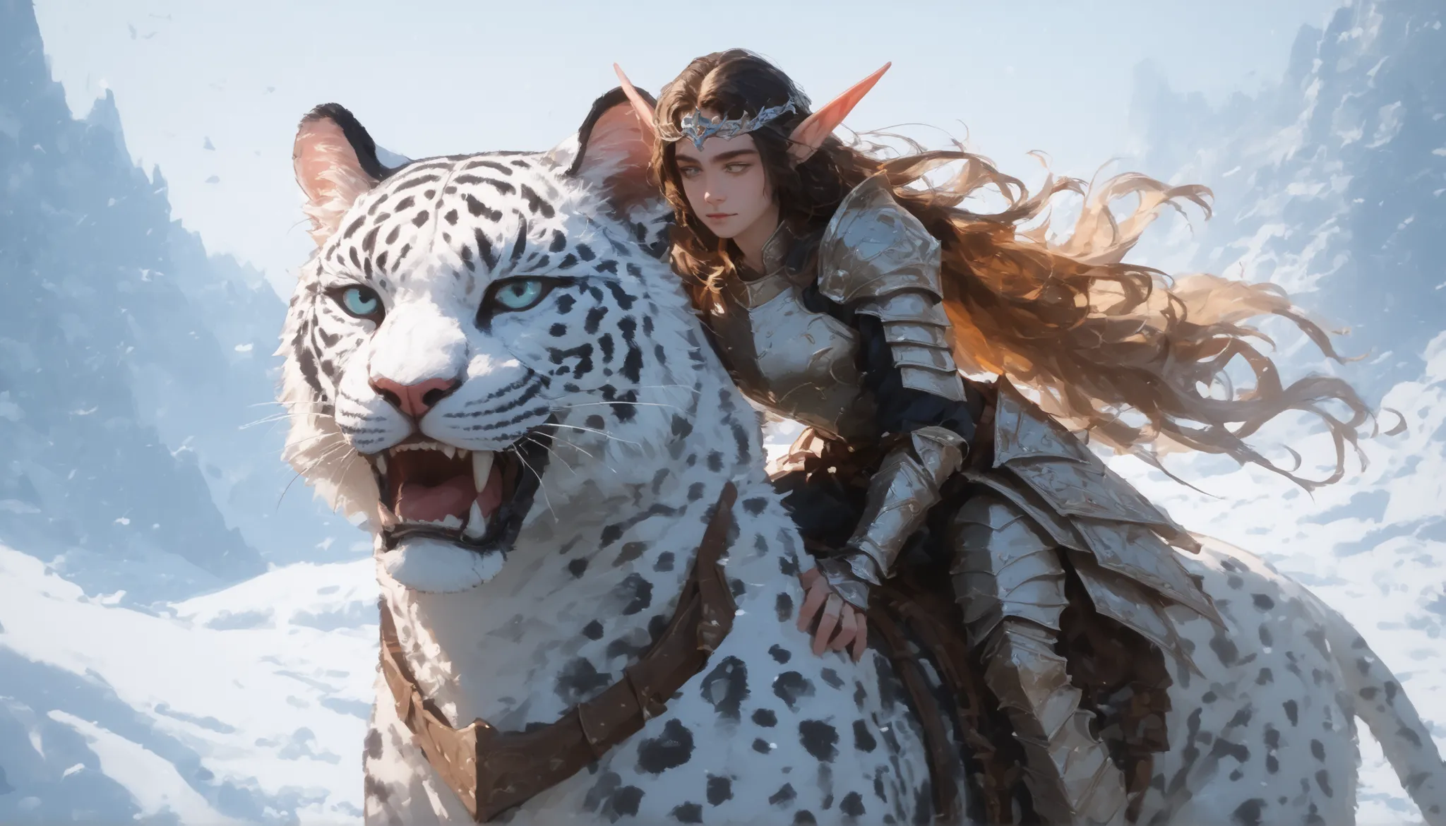 close up of An elven warrior princess with ebony hair, pointed, long ears akin to elves, clad in lightweight red-and-white armor, , riding a white panther with black spots, realistic conceptual graphic in a fantasy world, Illustration, digital art, snow la...