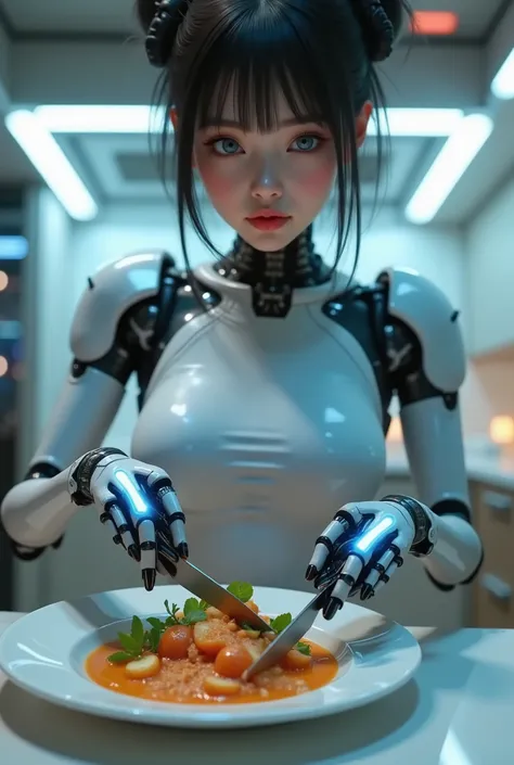 ((RAW Photo), Absurd, (Absurd Resolution)), ((Hyperrealism, Photorealistic)), (AI Fantasy), (masterpiece, highest quality, amazing quality), ((beautiful android girl, prepares food with her artificial hands)), ((hands have royal blue light lines, at the ti...