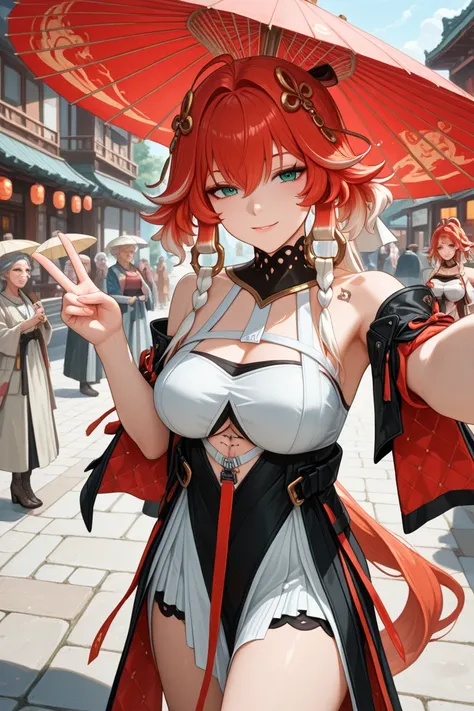 A mother (30-year-old woman with red hair) bending down taking care of her daughter , taking a selfie with the Wuthering Waves character ChangLi, ChangLi is wearing her traditional clothes from the game and holding her parasol bending down to take a selfie, her singed hand makes a V with her fingers, a busy and illuminated street, everyone is smiling, ChangLi with her characteristic mysterious and seductive look
