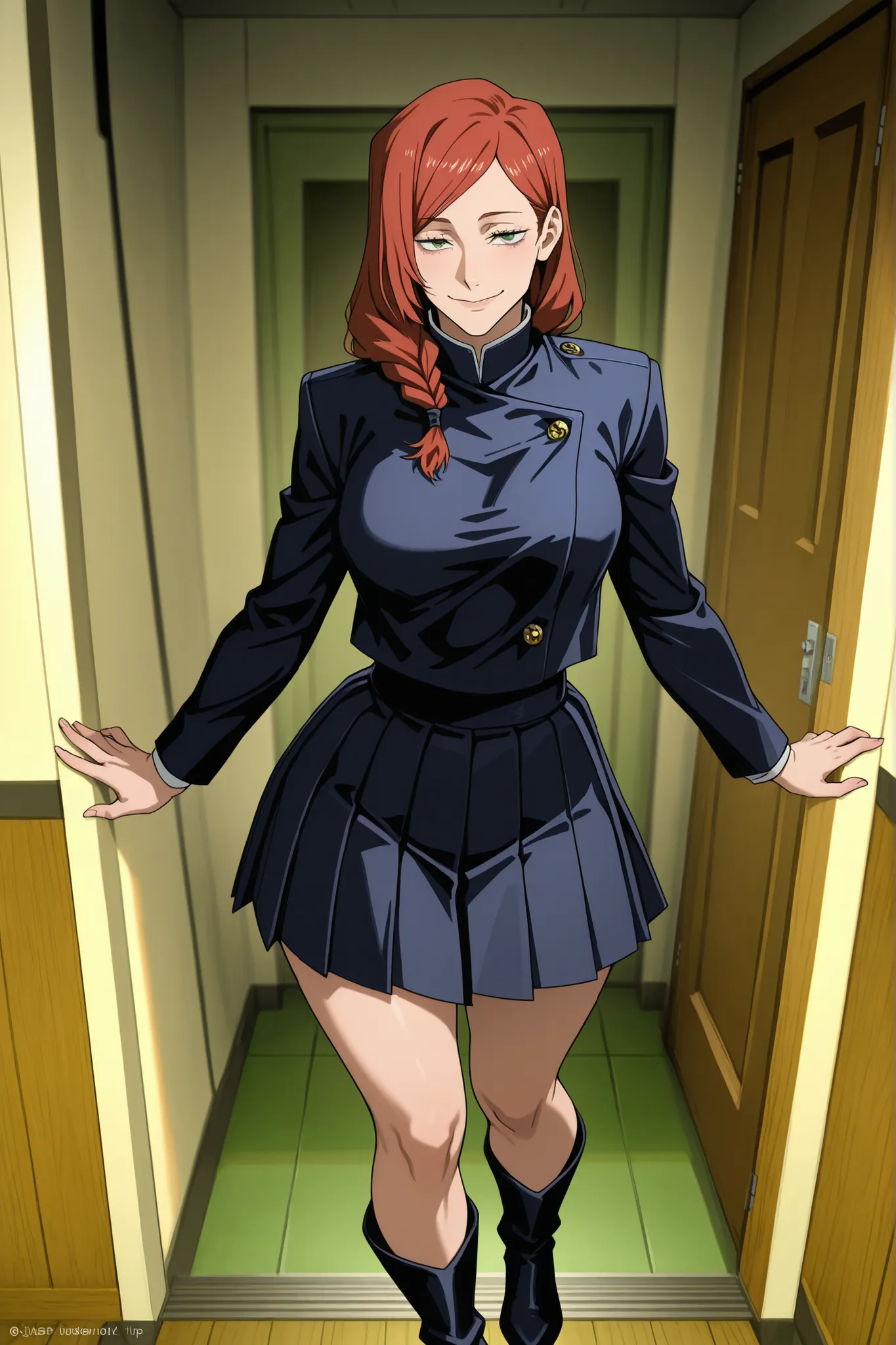 Beautiful Girl, with curves, proportionate breasts and striking hips, long intense red hair, light green eyes, uniform navy blue anime style by Jujutsu Kaisen, with pleated skirt , black military boots, school hall, Room door , warm smile ,blushed,high ima...
