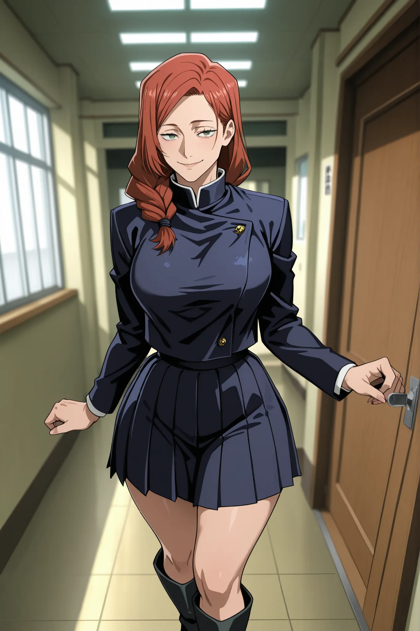 Beautiful Girl, with curves, proportionate breasts and striking hips, long intense red hair, light green eyes, uniform navy blue anime style by Jujutsu Kaisen, with pleated skirt , black military boots, school hall, Room door , warm smile ,blushed,high ima...