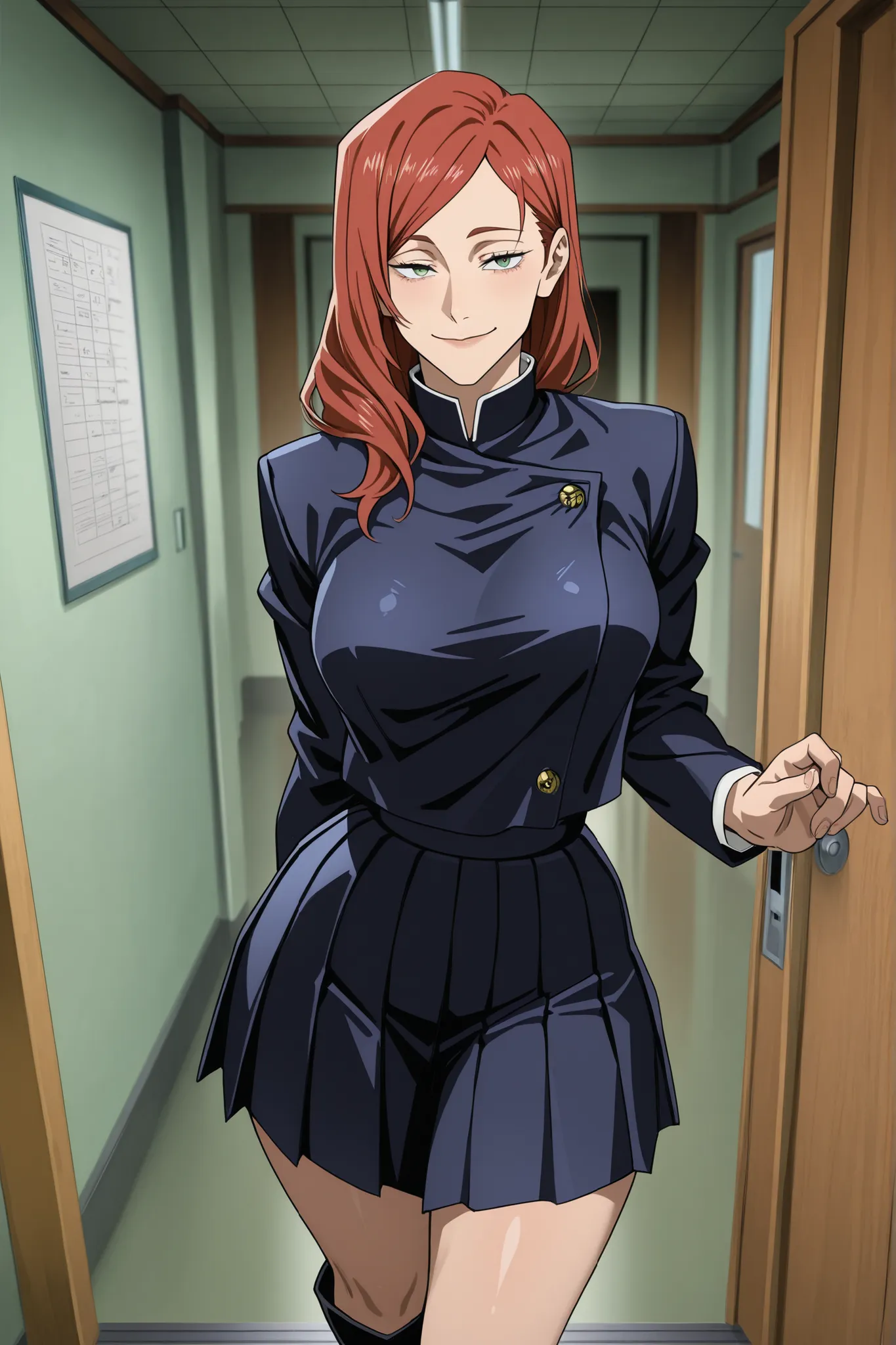Beautiful Girl, with curves, proportionate breasts and striking hips, long intense red hair, light green eyes, uniform navy blue anime style by Jujutsu Kaisen, with pleated skirt , black military boots, school hall, Room door , warm smile ,blushed,high ima...