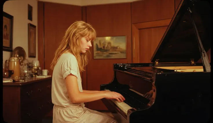 beautiful french girl, young girl, not look at viewer, beautiful shape, mysterious girl, playing grand piano in her room, wearing pajama, kodak gold texture, masterpiece, very high quality, very detailed, 32K, blonde hair, black and white image, retro film...