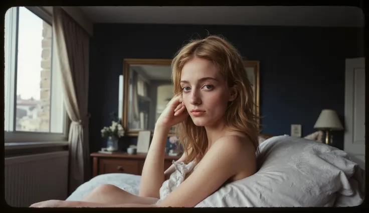 beautiful french cool girl, young girl, not look at viewer, perfect body shape, mysterious girl, relaxing in her room, kodak gold texture, masterpiece, very high quality, very detailed, 32K, blonde hair, black and white image, retro film texture