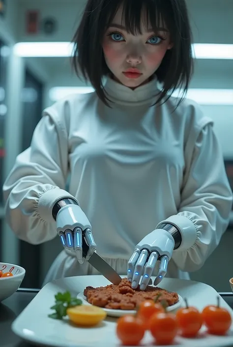((RAW Photo), Absurd, (Absurd Resolution)), ((Hyperrealism, Photorealistic)), (AI Fantasy), (masterpiece, highest quality, amazing quality), ((beautiful android girl, prepares food with her artificial hands)), ((hands have royal blue light lines, at the ti...