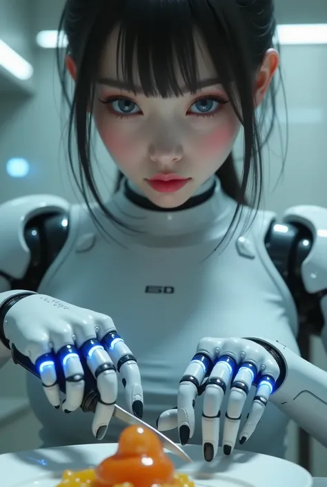 ((RAW Photo), Absurd, (Absurd Resolution)), ((Hyperrealism, Photorealistic)), (AI Fantasy), (masterpiece, highest quality, amazing quality), ((beautiful android girl, prepares food with her artificial hands)), ((hands have royal blue light lines, at the ti...