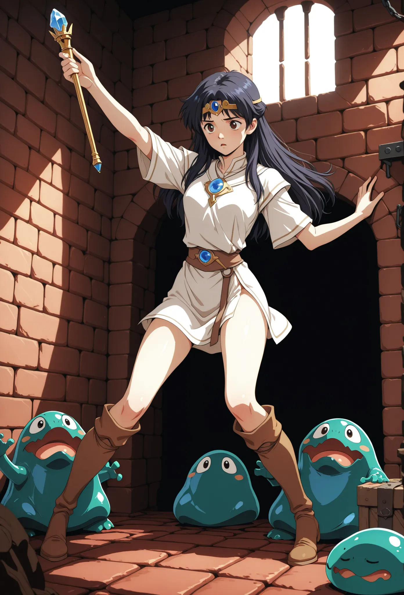 A maiden with dark hair wearing a short white tunic, thigh-high hide boots and circlet, holding a short rod with a blue crystal tip, inside a red brick dungeon, a green slime monster reaching out to grab her, alone, in full view in a highly detailed anime ...