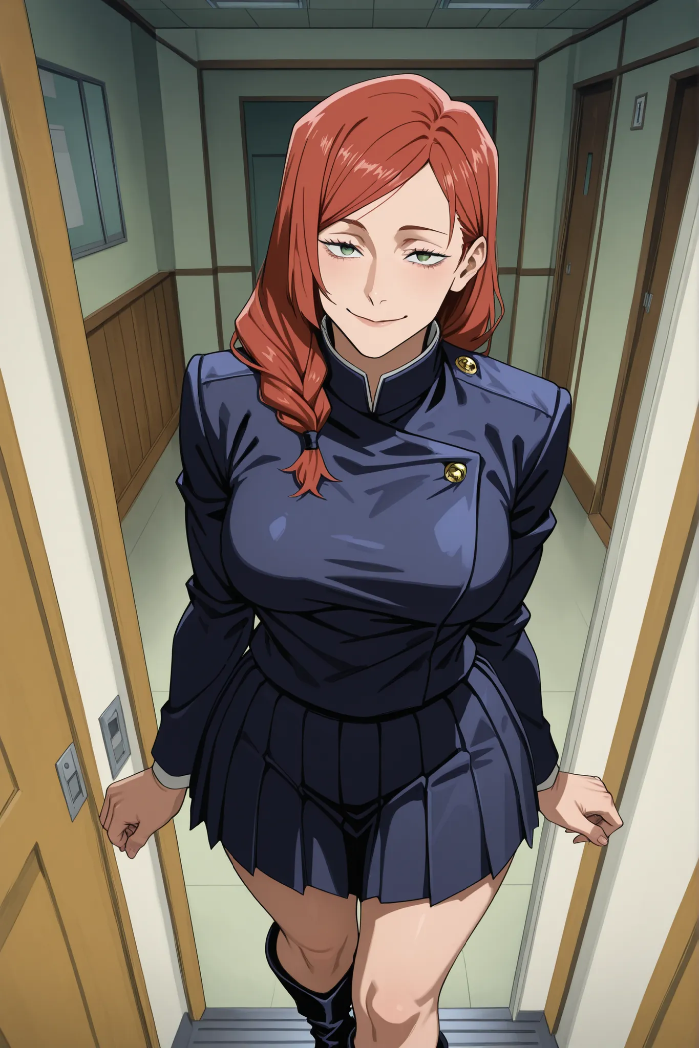 Beautiful Girl, with curves, proportionate breasts and striking hips, long intense red hair, light green eyes, uniform navy blue anime style by Jujutsu Kaisen, with pleated skirt , black military boots, school hall, Room door , warm smile ,blushed,high ima...