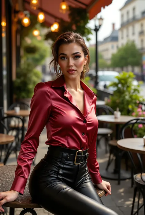 Various colors of satin shirts and high waist leather pants with harness or waist belts, sitting on a Parisian cafe terras, summer