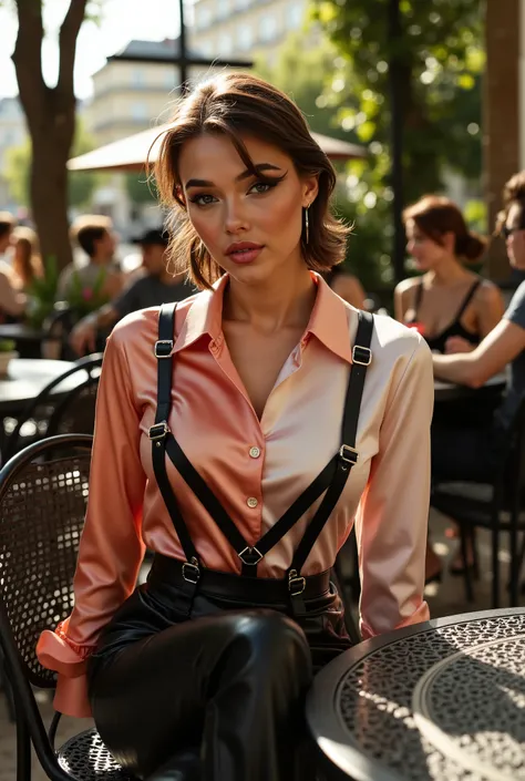 Various colors of satin shirts and high waist leather pants with harness or waist belts, sitting on a Parisian cafe terras, summer