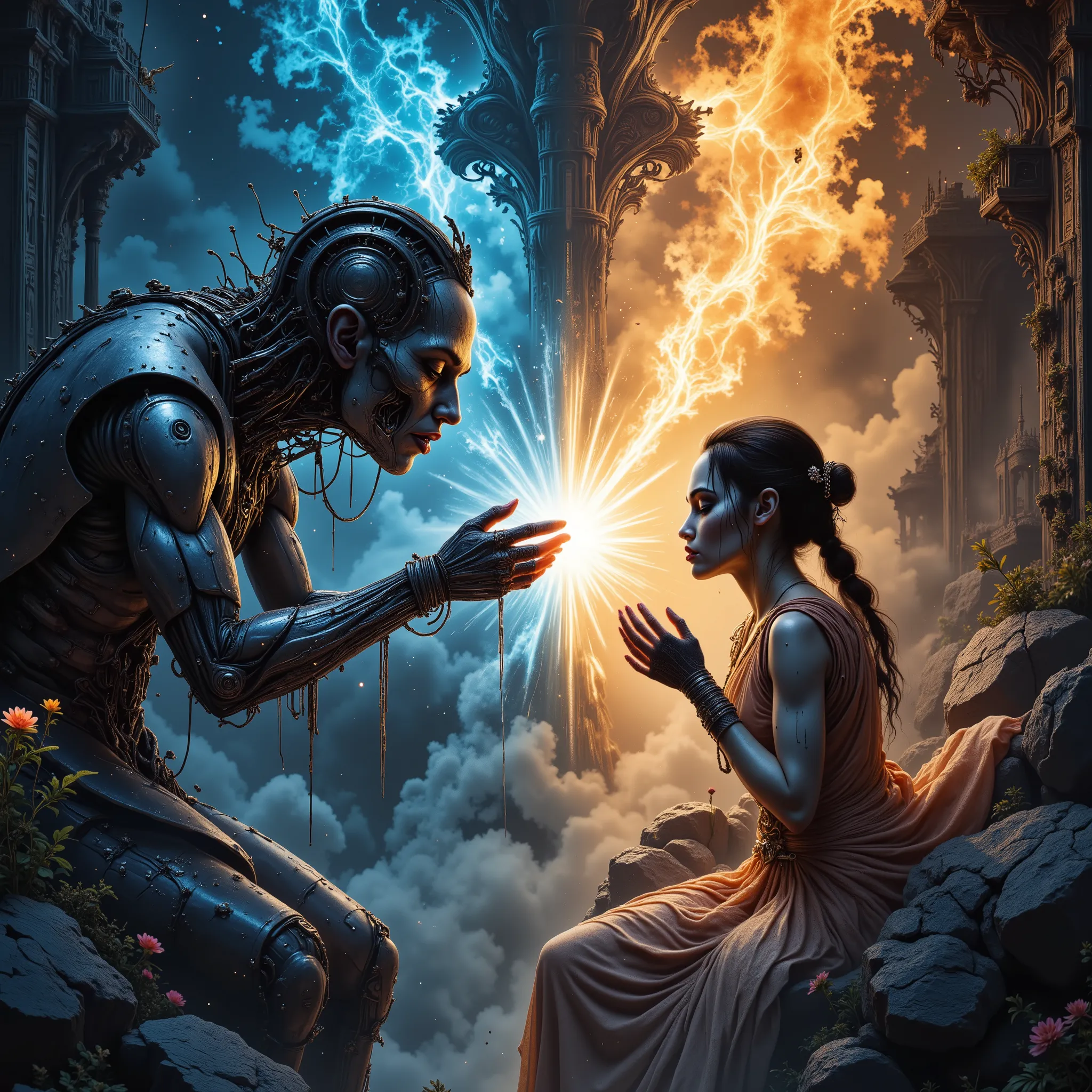 Prime work, ultra-detailed, photorealistic, conceptual masterpiece, 8K high resolution, Double Exposure, Flux Fantasy Style, Cyber Flux V1, Doubleexposure WatercolorTouch1, glowing fingertips, biomechanical hands, reflective chrome metals, rare letter, hol...