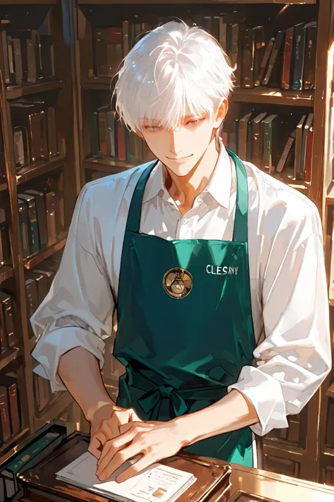  boy，clerk, Handsome, white hair, 1 person, Old bookstore, Bookcase , apron, Smile gently，Bangs，Sunlight
