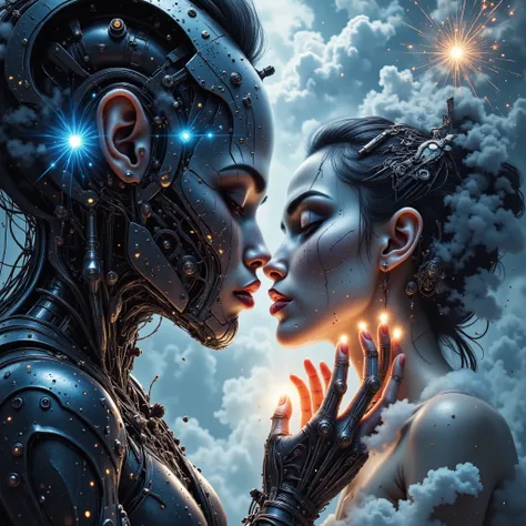 Prime work, ultra-detailed, photorealistic, conceptual masterpiece, 8K high resolution, Double Exposure, Flux Fantasy Style, Cyber Flux V1, Doubleexposure WatercolorTouch1, glowing fingertips, biomechanical hands, reflective chrome metals, rare letter, hol...