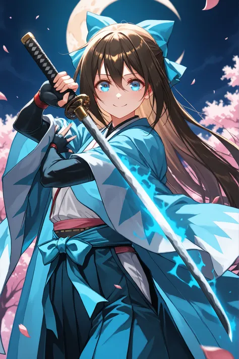 ((Masterpiece)),((best quality)),((incredibly absurdres)),((8K)),(anime style),
1 girl,solo,younger,,osaka shizuku,long hair,blue eyes,black hair,blue ribbon,straight hair,baby face,small breasts,kawaii,slim,slender fingers ,BREAK,
Shinsengumi costume,haka...