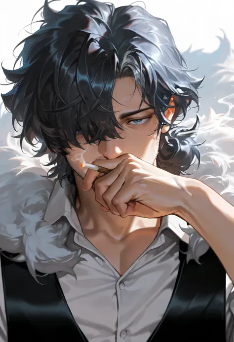 Masterpiece, score_9, score_8_up, score_7_up, score_6_up, masterpiece, portrait, upperbody, 1male, mature male, solo, stubble facial hair, detailed face, detailed hands, blue eyes, small pupils, ((long fluffy hair, black hair, black with gray hair, tied fl...