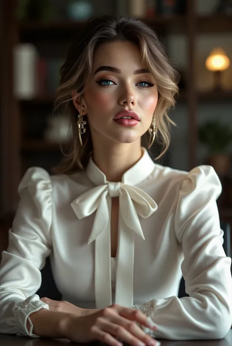 arafed woman sitting behind a desk in an luxary office, high collar satin pussybow blouse, satin, white satin pussybow blouse, perfect make-up, cannon 6d, octane render, strong eyeliner, elegant, graceful, natural beauty, magnetic, charismatic, versatile, ...