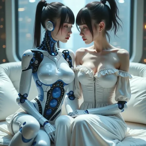 ((RAW Photo), Absurd, (Absurd Resolution)), ((Hyperrealism, Photorealistic)), (AI Fantasy), (masterpiece, highest quality, amazing quality), ((beautiful android girl, with royal blue trim, sitting on a white sofa)), ((human girl sitting on the same sofa)),...