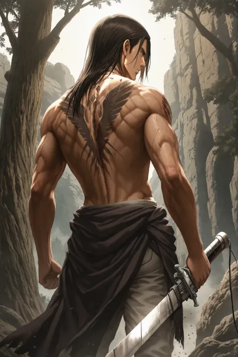 Eren Yeager, 19, from Shingeki no Kyojin His hair is very long Like after timescape, and he wears only pants and there is a sword mark on his neck and his back is exposed, anime, mappa style, final season, From inside the tree of giants, the same as its ...