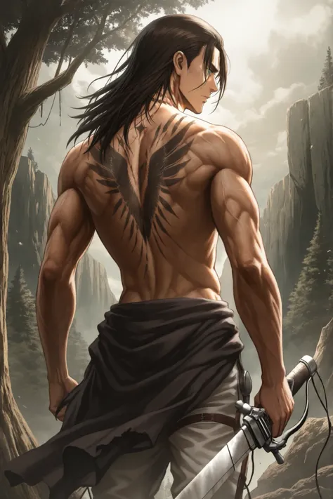 Eren Yeager, 19, from Shingeki no Kyojin His hair is very long Like after timescape, and he wears only pants and there is a sword mark on his neck and his back is exposed, anime, mappa style, final season, From inside the tree of giants, the same as its ...