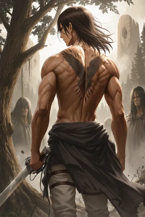 Eren Yeager, 19, from Shingeki no Kyojin His hair is very long Like after timescape, and he wears only pants and there is a sword mark on his neck and his back is exposed, anime, mappa style, final season, From inside the tree of giants, the same as its ...