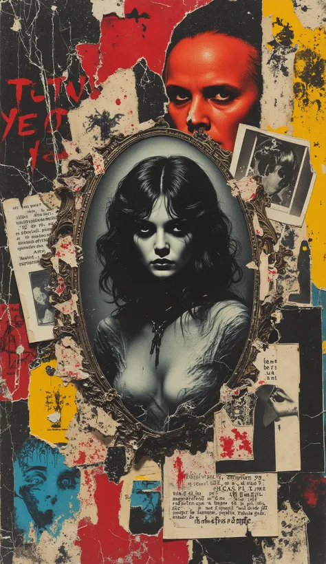 film(1929), directed by Luis Buñuel. Surreal retro collage artwork composed of cutouts from vintage horror magazines, chaotic and rebellious composition, torn paper textures, bold pop colors, absurd juxtapositions, sinister nostalgic aesthetic. Hidden with...