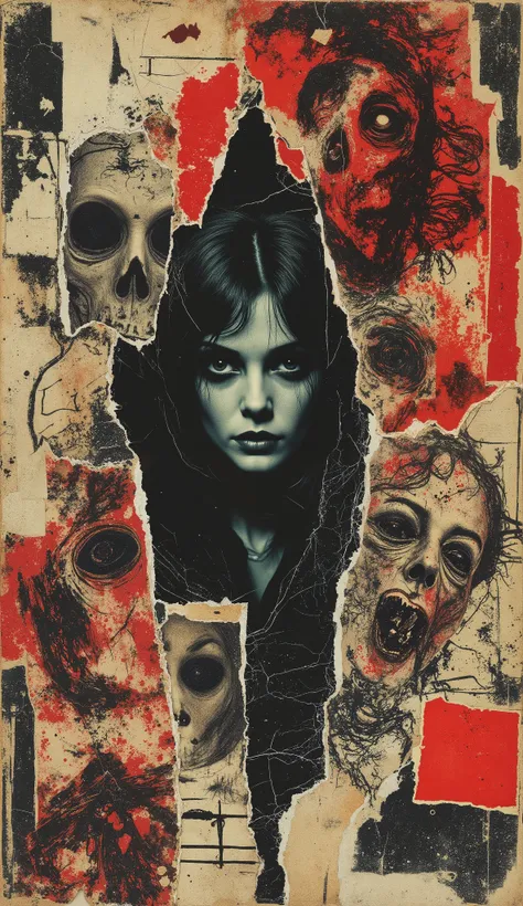film(1929), directed by Luis Buñuel. Surreal retro collage artwork composed of cutouts from vintage horror magazines, chaotic and rebellious composition, torn paper textures, bold pop colors, absurd juxtapositions, sinister nostalgic aesthetic. Hidden with...