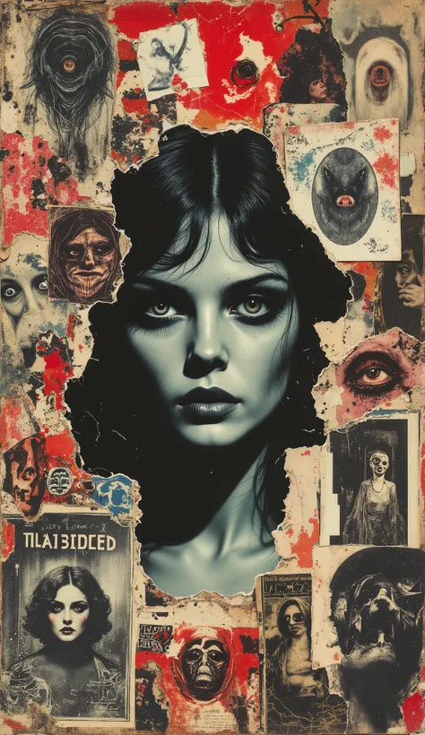 film(1929), directed by Luis Buñuel. Surreal retro collage artwork composed of cutouts from vintage horror magazines, chaotic and rebellious composition, torn paper textures, bold pop colors, absurd juxtapositions, sinister nostalgic aesthetic. Hidden with...