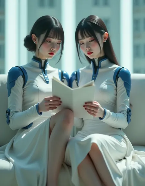 ((RAW Photo), Absurds, (Absurd Resolution)), ((Hyperrealism, Photorealistic)), (AI Fantasy), (masterpiece, highest quality, amazing quality), ((beautiful girl, wearing a white dress, sitting on a white sofa, with her leg crossed)), ((beautiful android girl...