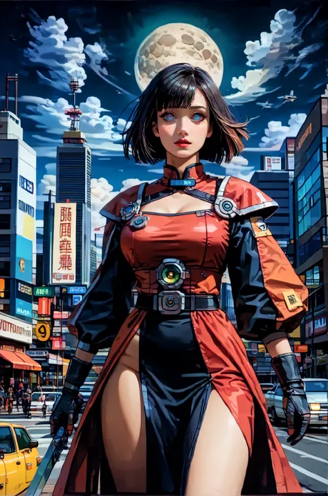 (Comic storyboard:1.8, 1 Chinese woman，The beautiful，Costume dress，edgBunny，full moon, 32K ，hyper HD,),, (masterpiece,best quality,ultra-detailed:1.6),illustration,, (solo,1girl,beautiful detailed eyes:1.2),, city,street, In the thriving post-apocalyptic w...