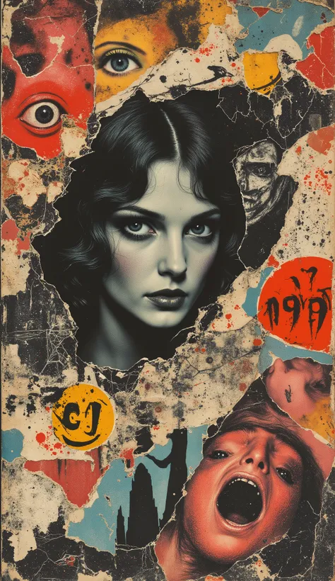 film(1929), directed by Luis Buñuel. Surreal retro collage artwork composed of cutouts from vintage horror magazines, chaotic and rebellious composition, torn paper textures, bold pop colors, absurd juxtapositions, sinister nostalgic aesthetic. Hidden with...