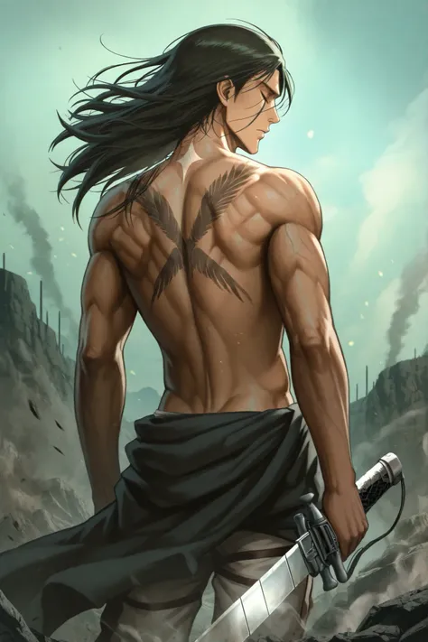 Eren Yeager, 19, from Shingeki no Kyojin His hair is very long Like after timescape, and he wears only pants and there is a sword mark on his
neck and his back is exposed, anime, mappa style, final season, the same as its shape in the anime episodes...